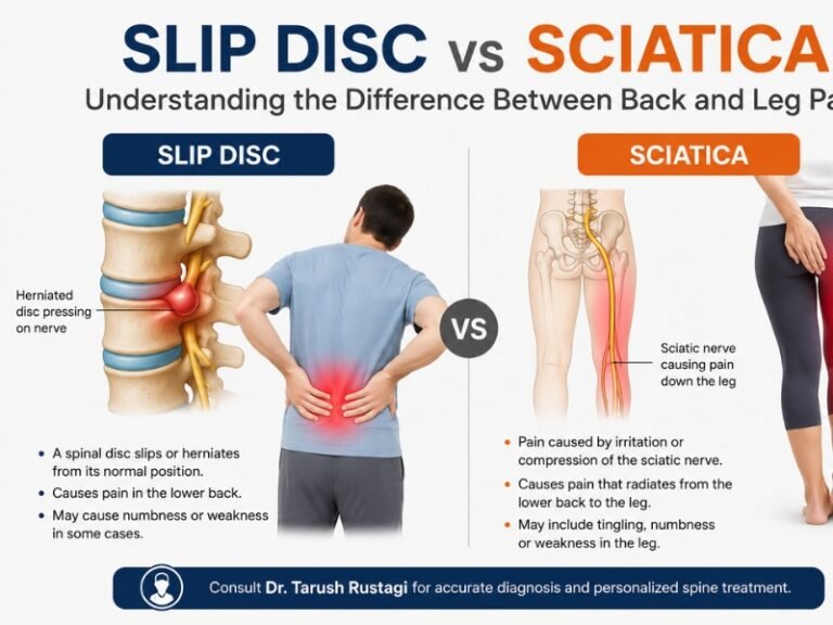 Slip Disc vs Sciatica: Understanding the Difference Between Back and Leg Pain – Dr. Tarush Rustagi Difference between slip disc and sciatica symptoms explained by spine specialist in Delhi