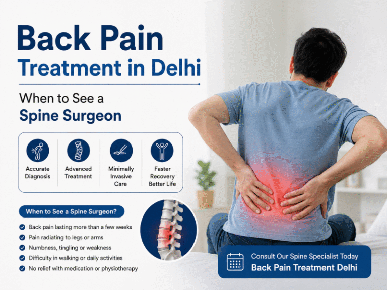 Back Pain Treatment in Delhi: When Is It Serious & Needs a Spine Surgeon? Person experiencing lower back pain that may require evaluation by a spine surgeon in Delhi