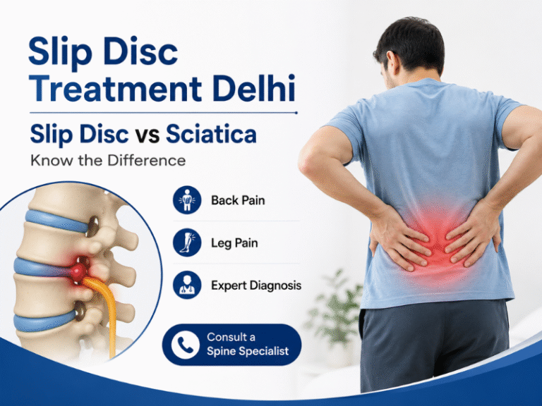 Slip Disc vs Sciatica: Understanding the Difference Between Back and Leg Pain – Dr. Tarush Rustagi Illustration showing the difference between slip disc and sciatica with spine and nerve pain symptoms