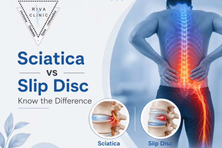 Difference between sciatica and slip disc explained by Spine Surgeon Dr. Tarush Rustagi at Riva Clinic, Pitampura, Delhi.