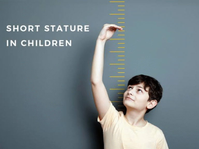 Child with short stature being measured for height